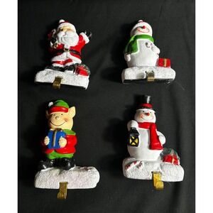 Set of 4 Christmas Stocking Holders Santa Elf Snowman Fireplace Mantle Decor